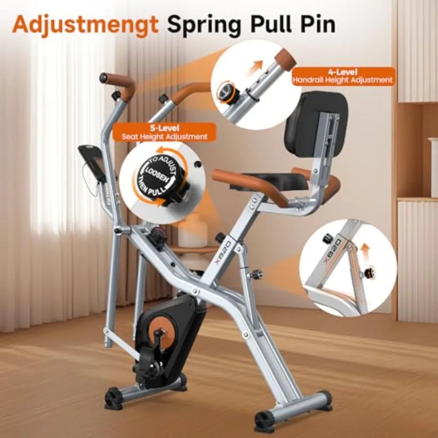 Foldable Exercise Bike Indoor Fitness Bike with Elliptical Mode 8-Level Magnetic Resistance Silent Operation Adjustable Seat an