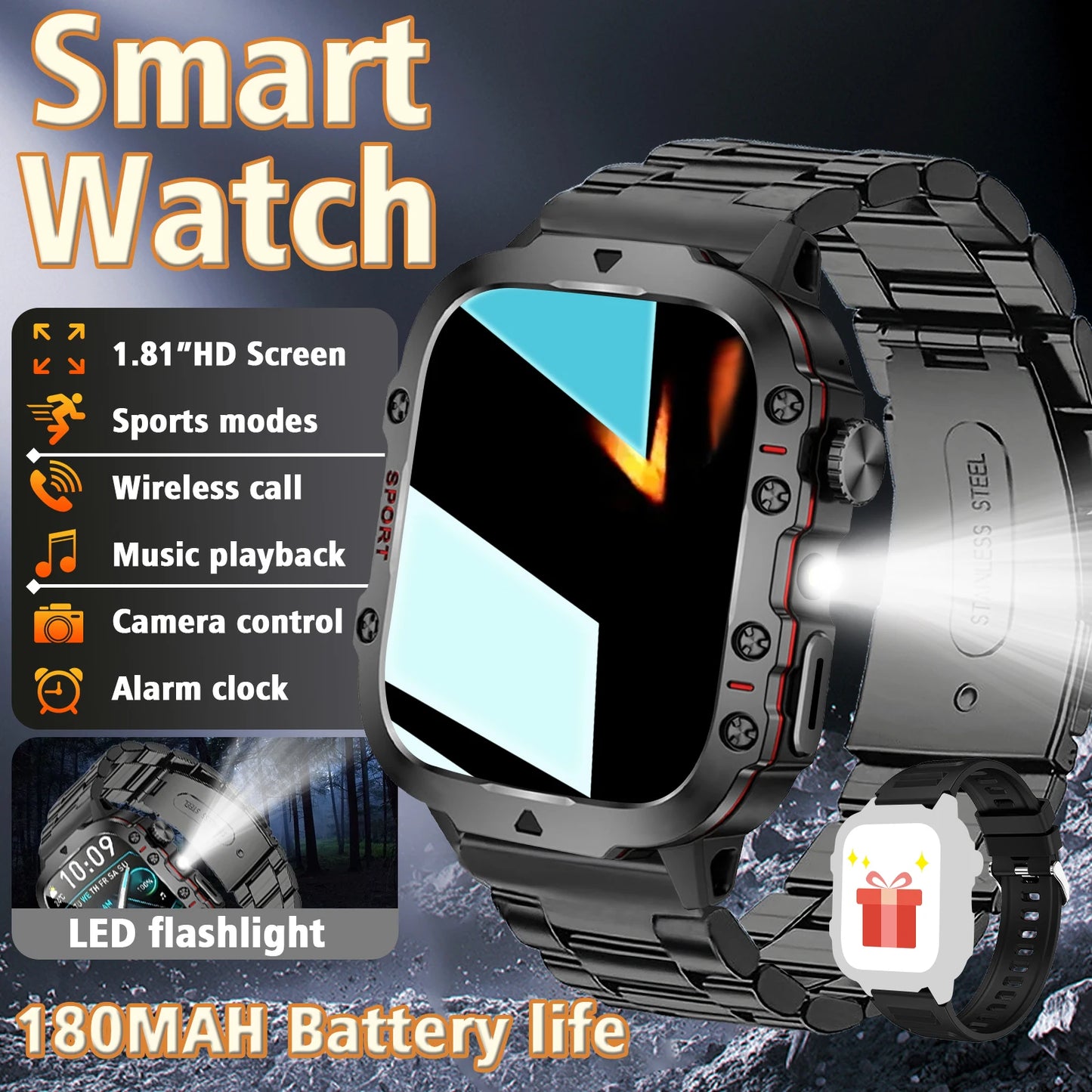 New Smart Watch, Equipped with Bright Flashlight, Multiple Sports Modes, Sports Tracking, Pedometer, Weather Forecast, Multiple Watch Face Wallpapers Optional, Suitable for IPhone & Android