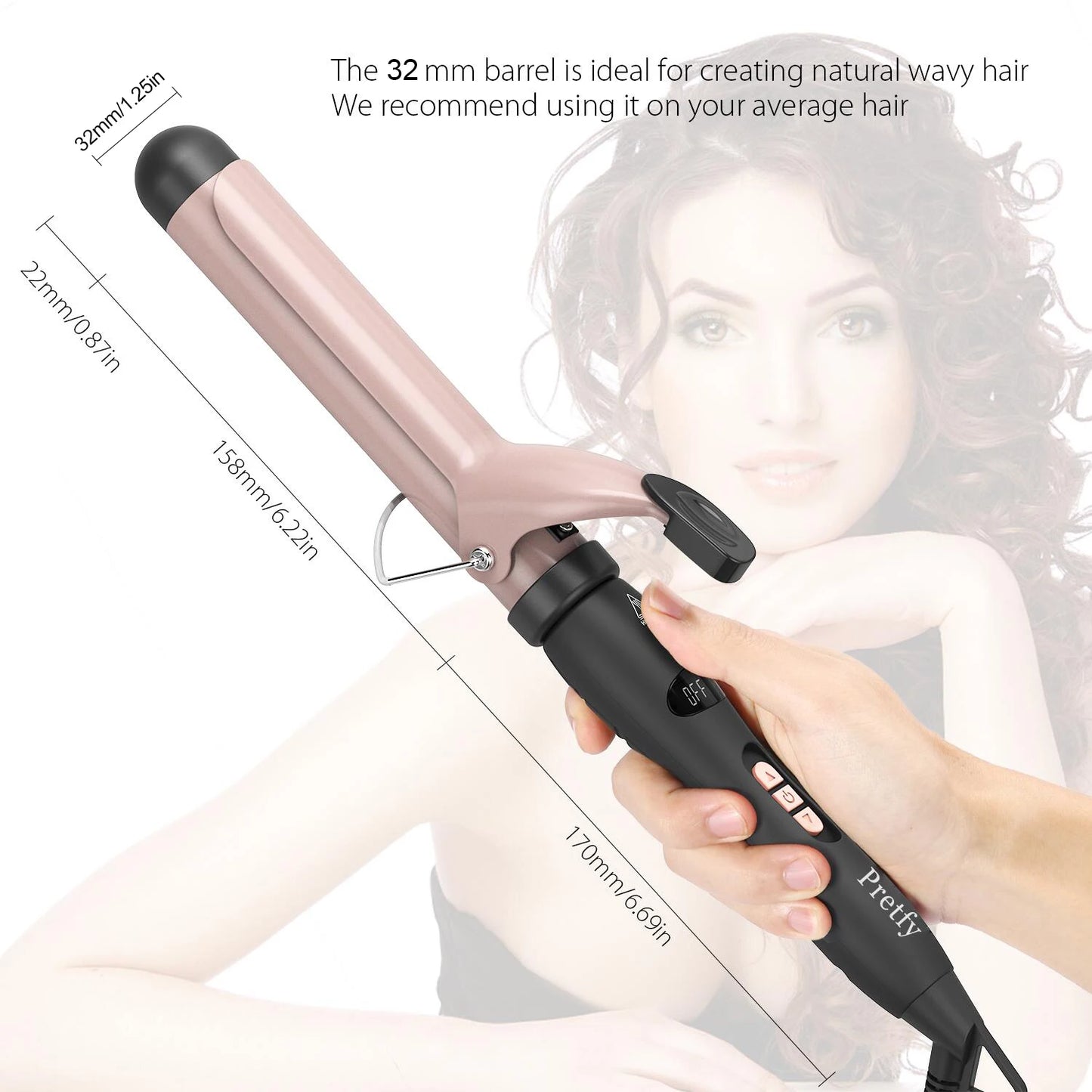Pretfy 1.25inch Hair Curling Iron Hair Curler Temperature Adjustable LCD Temp Display Hair Styling Tool Anti-scald Auto Shut-Off