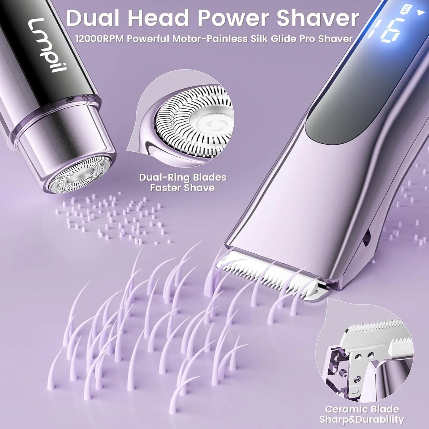 Bikini Trimmer for Women, 2-in-1 Electric Razor with Dual Heads, Ceramic Blade, Waterproof & Rechargeable, Painless Pubic Hair S