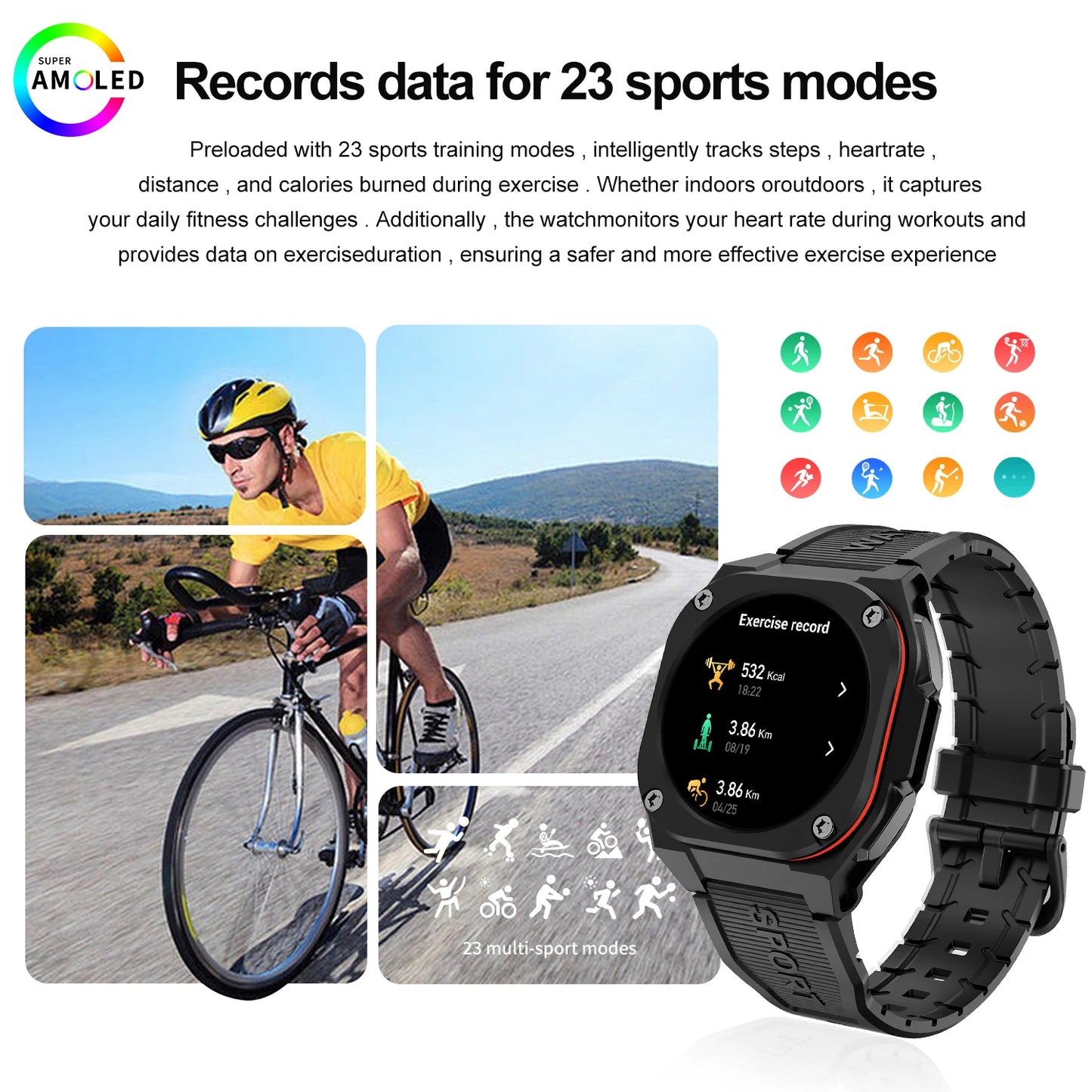 IP68 Waterproof AMOLED SCREEN Smart Sport Watch with 300mAh Battery Wireless Call for Man Woman