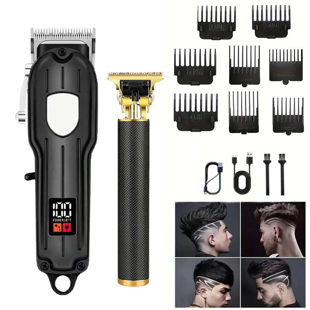 Professional 2-in-1 Gold Hair Clipper & Trimmer Set with LCD Display, USB Rechargeable T-Blade Hair Trimme for Men’s Haircut & Beard Styling