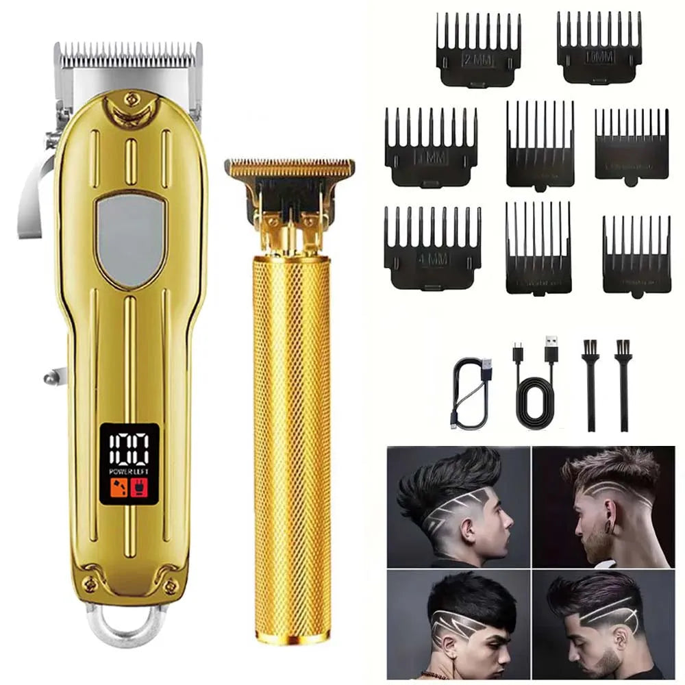 Professional 2-in-1 Gold Hair Clipper & Trimmer Set with LCD Display, USB Rechargeable T-Blade Hair Trimme for Men’s Haircut & Beard Styling