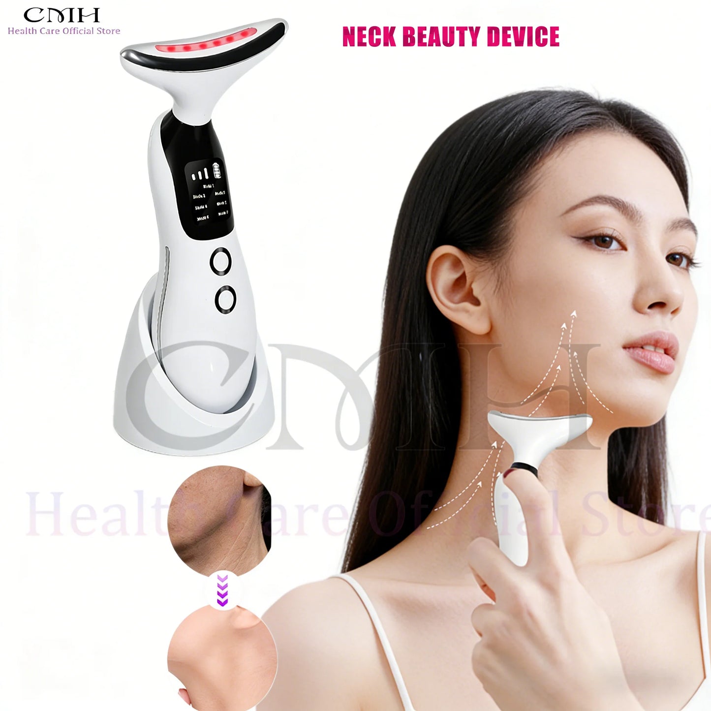 Neck Beauty Device 7 Modes 3 Suction Levels LED Therapy Microcurrent Anti Wrinkle Face Neck Massager for Skin Rejuvenation