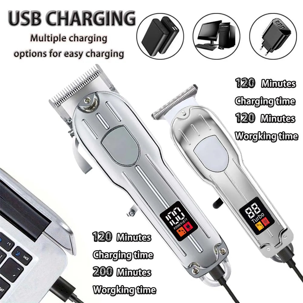 Professional 2-in-1 Gold Hair Clipper & Trimmer Set with LCD Display, USB Rechargeable T-Blade Hair Trimme for Men’s Haircut & Beard Styling