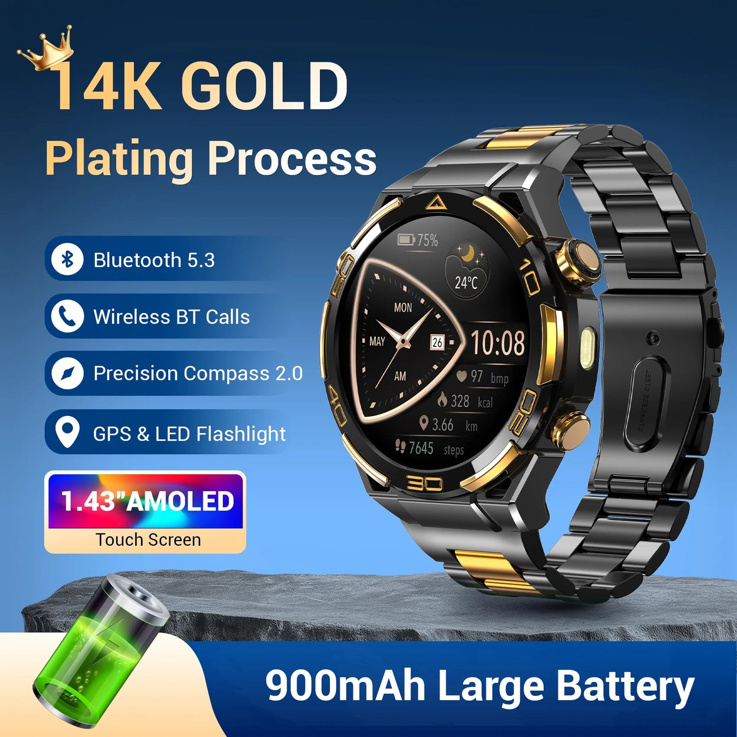 IOWODO 2026 New W90Pro GPS Smartwatch with Flashlight 1.43" HD AMOLED Display 900mAh Bluetooth Waterproof Watch for Men Women