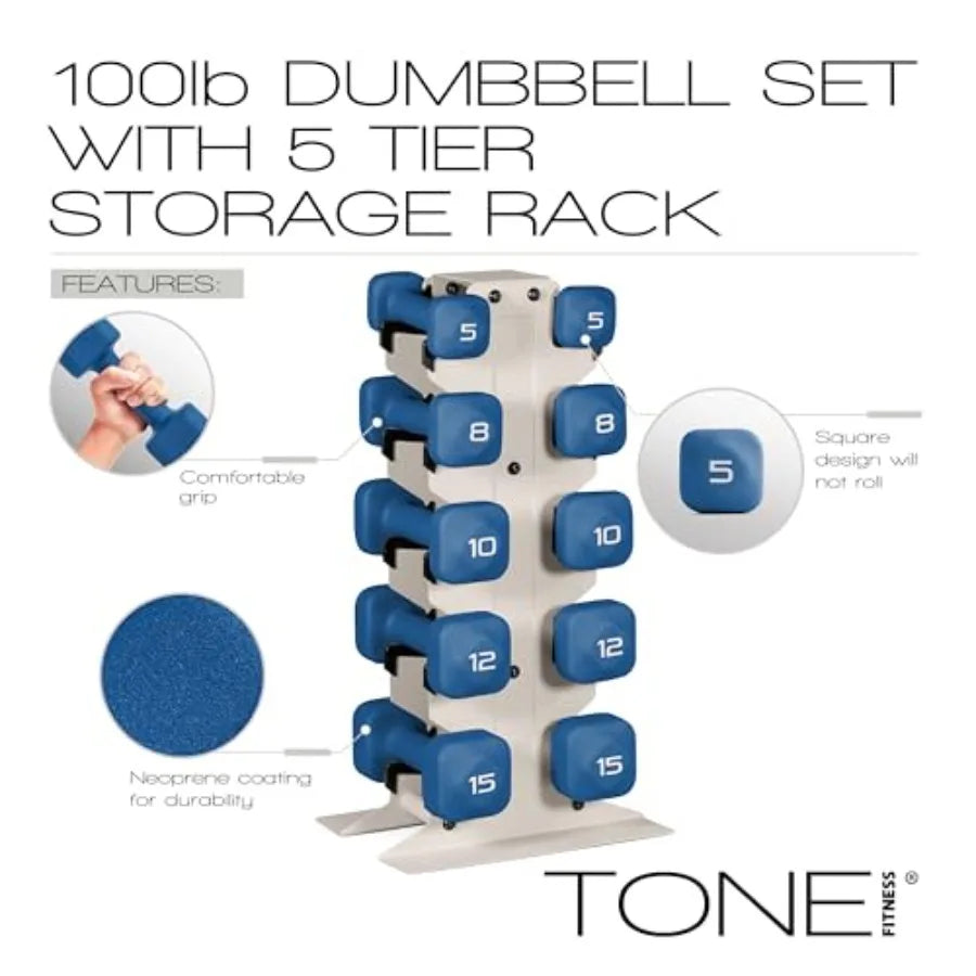 Neoprene Dumbbell Set with Storage Rack Non-Slip Anti-Roll Hand Weights for Home Gym Workouts 20 lb 32 lb 50 lb 60 lb 100 lb Op