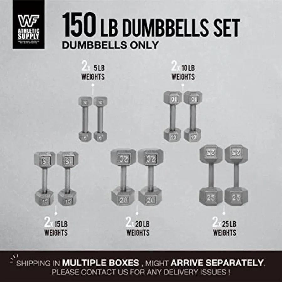 Cast Iron Dumbbell Set, Solid Hexagon Grey Dumbbell Set, Strength Training Free Weights for Women Men, 150 LB Set