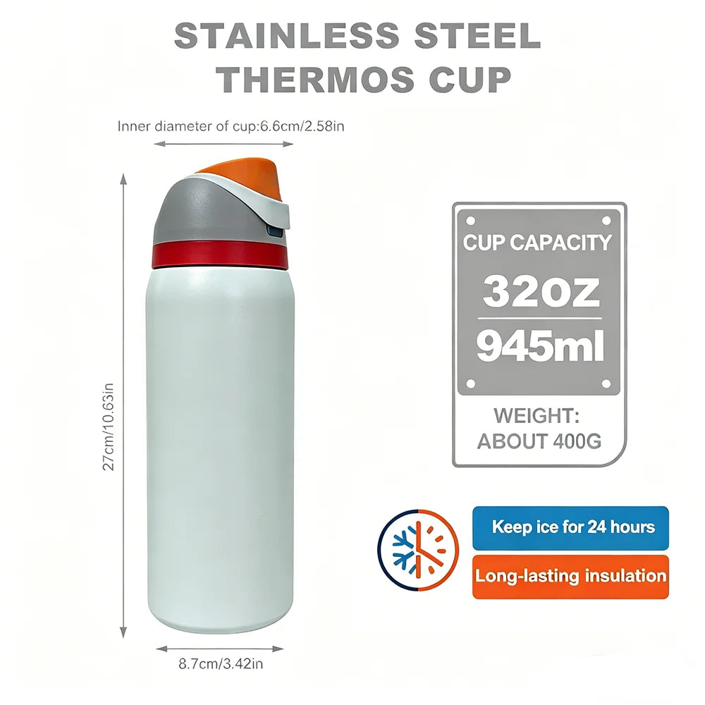 Owalaa creamy white 32oz/945ml stainless steel insulated water bottle with straw,for daily sports outdoor,perfect gift
