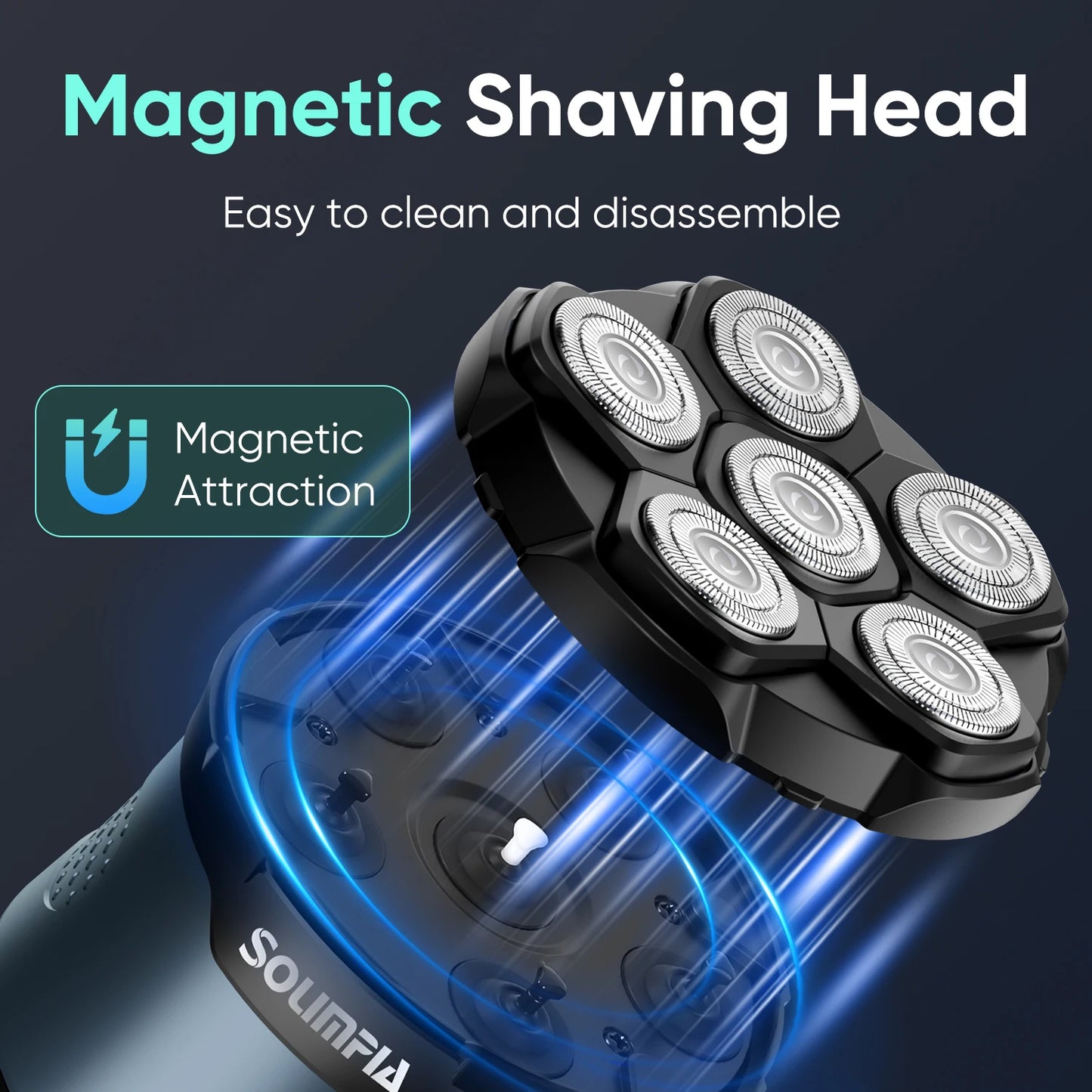 Solimpia 6D Bald Head Shaver with Magnetic Floating Blade Waterproof Type-C Fast Charging for Smooth Skin Efficient Hair Removal