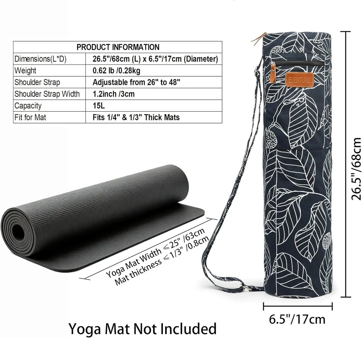 Adjustable Yoga Mat Bag with Pockets, Full-Zip Travel Tote for Gym & Outdoor Use, Fits 1/4" & 1/3" Thick Mats