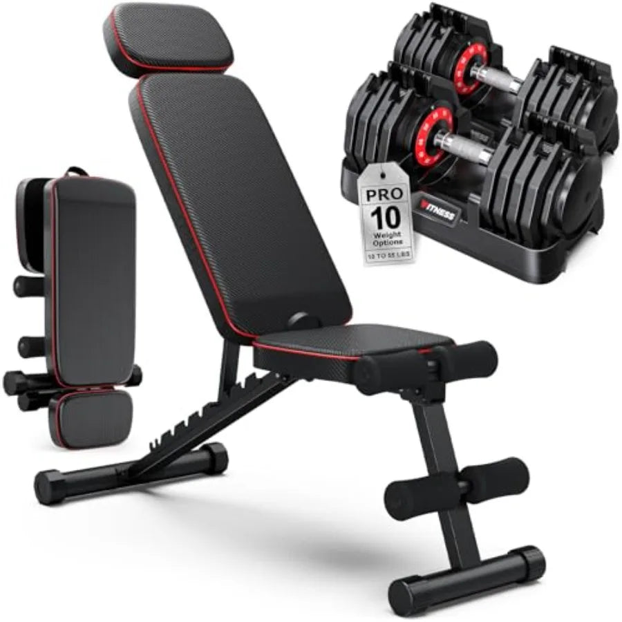 Adjustable Dumbbells Set of 2, 1 Hand Adjustable Weights Dumbbell Set and Workout Bench, 55lb Pair Weight Set For Home Gym