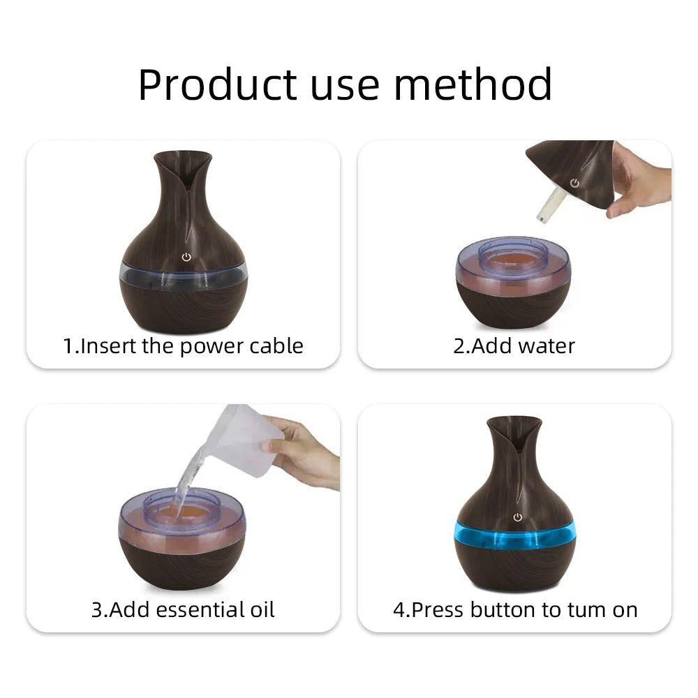 300 ml USB Aromatherapy Diffuser & Humidifier – ultra-quiet cool-mist humidifier with remote control, 7-color LED lights, and 2