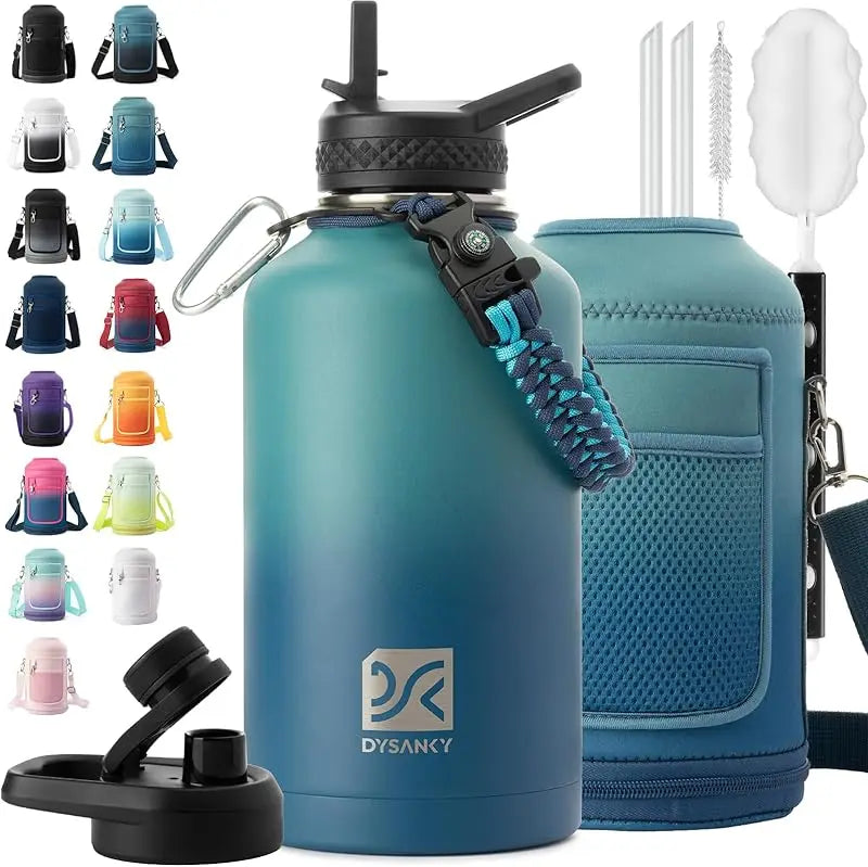 64 oz Insulated Water Bottle Thickened Stainless Steel Vacuum Design, BPA-Free, Large Jug with Straw, Carrier Bag & Handle Strap