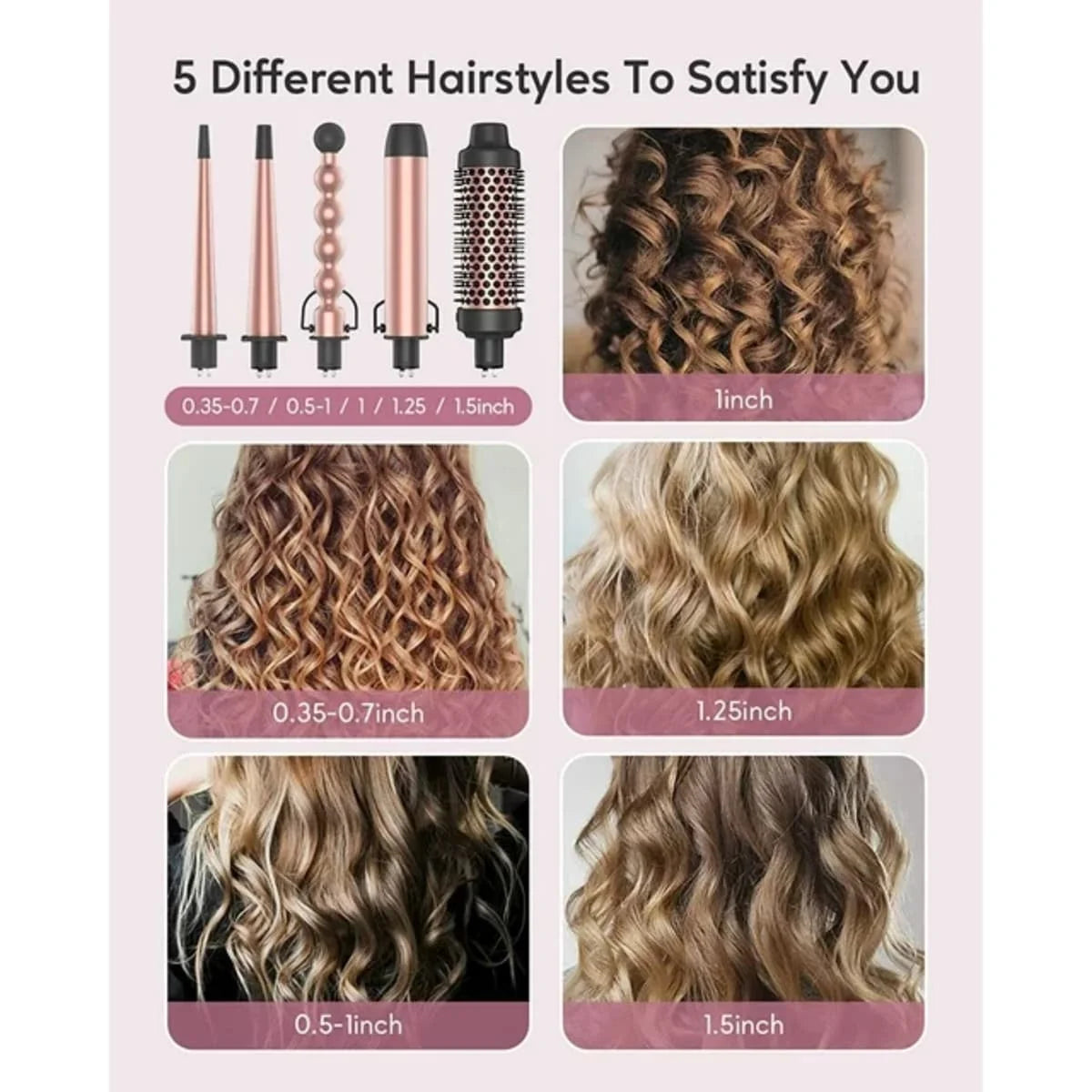 5 In 1 Curling Iron Wand Set, Instant Heating, With 4 Ceramic Barrels And 1 Curling Iron Brush