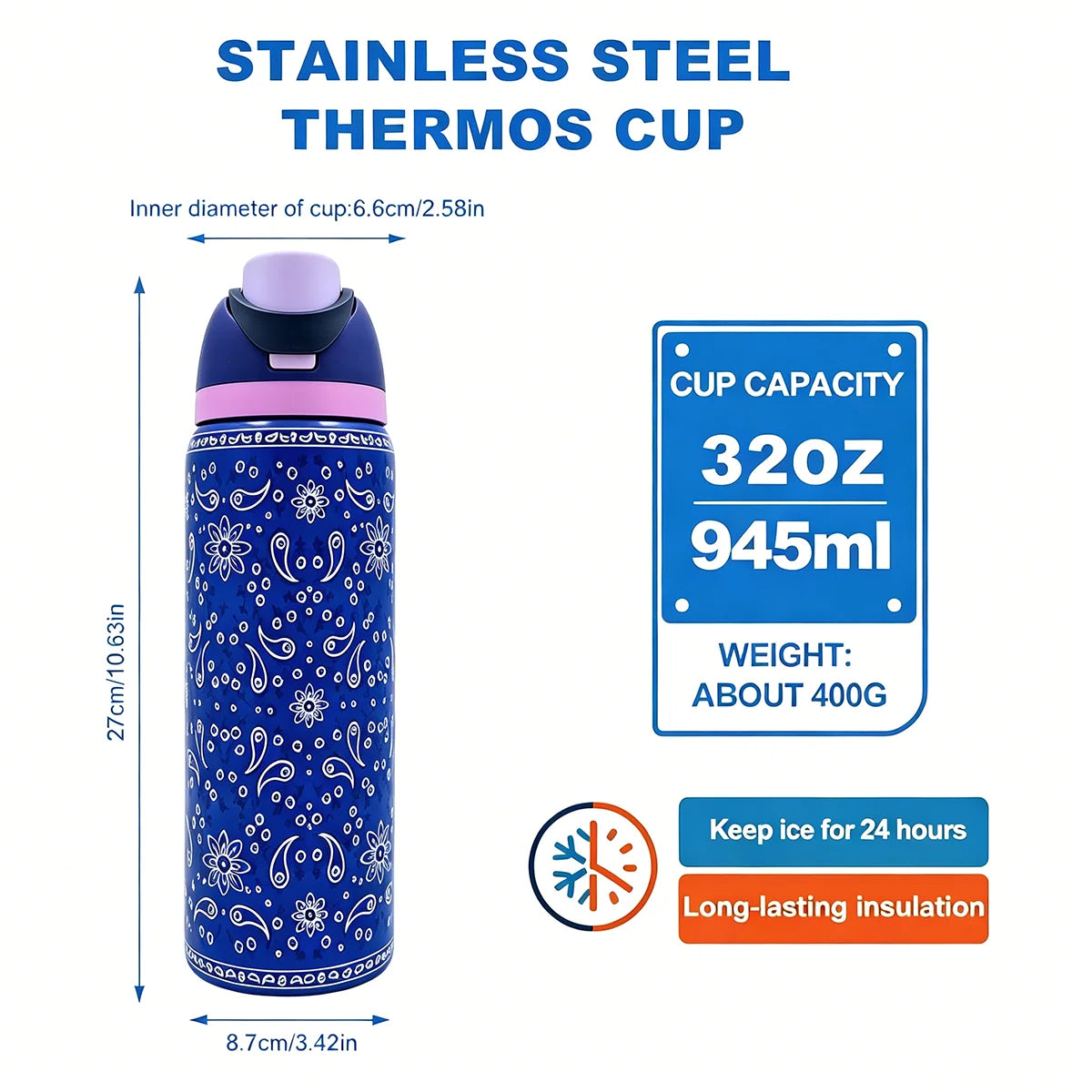 Owalaa cashew nut pattern 32oz/945ml stainless steel insulated water bottle with straw,for daily sports outdoor,perfect gift