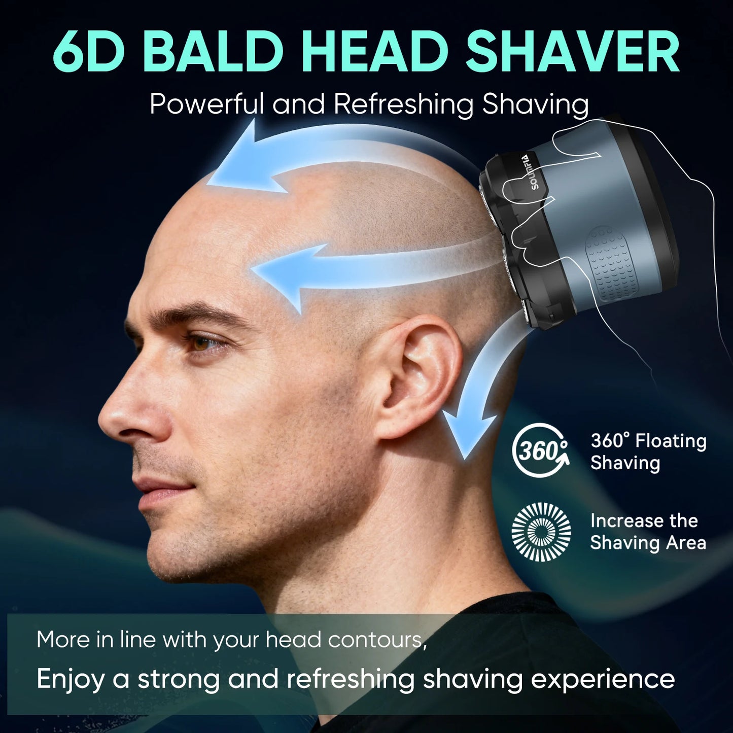 Solimpia 6D Bald Head Shaver with Magnetic Floating Blade Waterproof Type-C Fast Charging for Smooth Skin Efficient Hair Removal