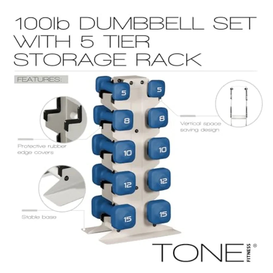 Neoprene Dumbbell Set with Storage Rack Non-Slip Anti-Roll Hand Weights for Home Gym Workouts 20 lb 32 lb 50 lb 60 lb 100 lb Op