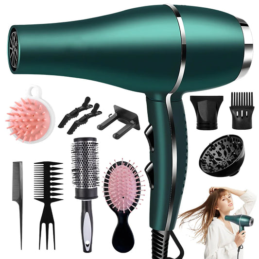 Morfone 12pcs-in-1 multiple accessory hair dryer. With accessories such as combs, hair clips, hair patches, air cushion combs, e