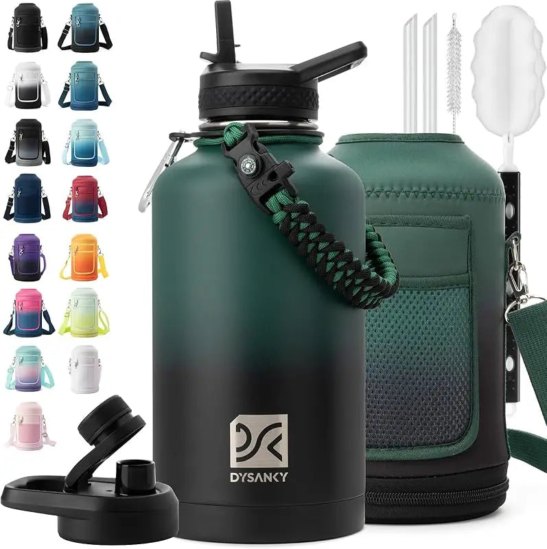 64 oz Insulated Water Bottle Thickened Stainless Steel Vacuum Design, BPA-Free, Large Jug with Straw, Carrier Bag & Handle Strap