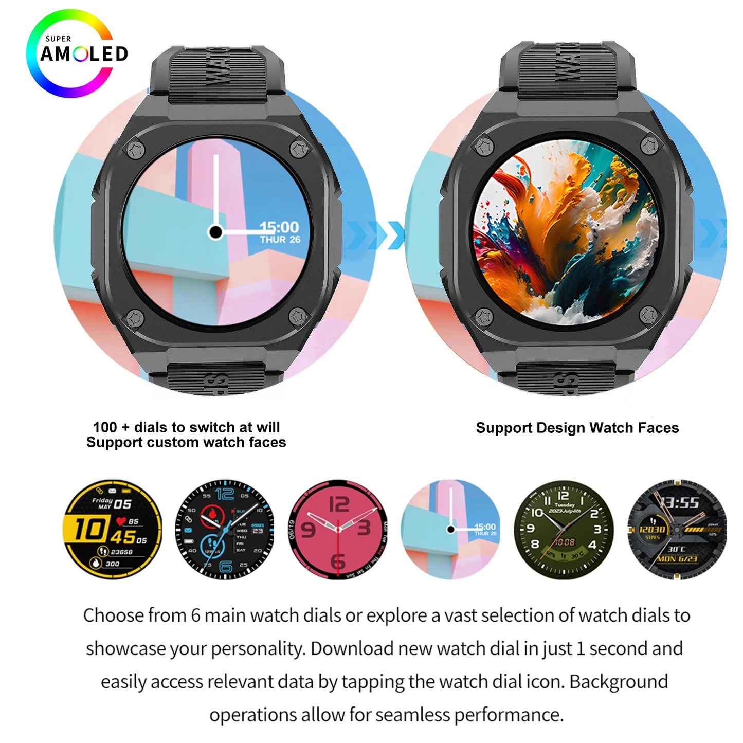 IP68 Waterproof AMOLED SCREEN Smart Sport Watch with 300mAh Battery Wireless Call for Man Woman