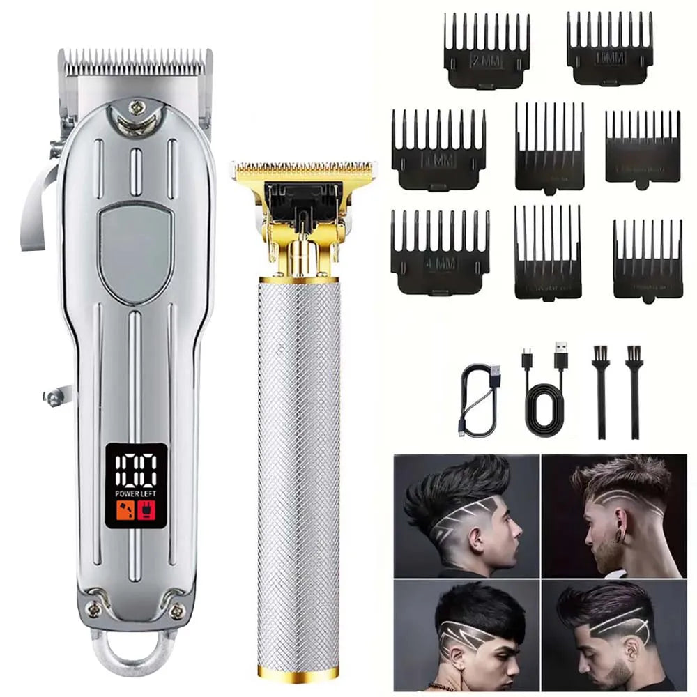 Professional 2-in-1 Gold Hair Clipper & Trimmer Set with LCD Display, USB Rechargeable T-Blade Hair Trimme for Men’s Haircut & Beard Styling