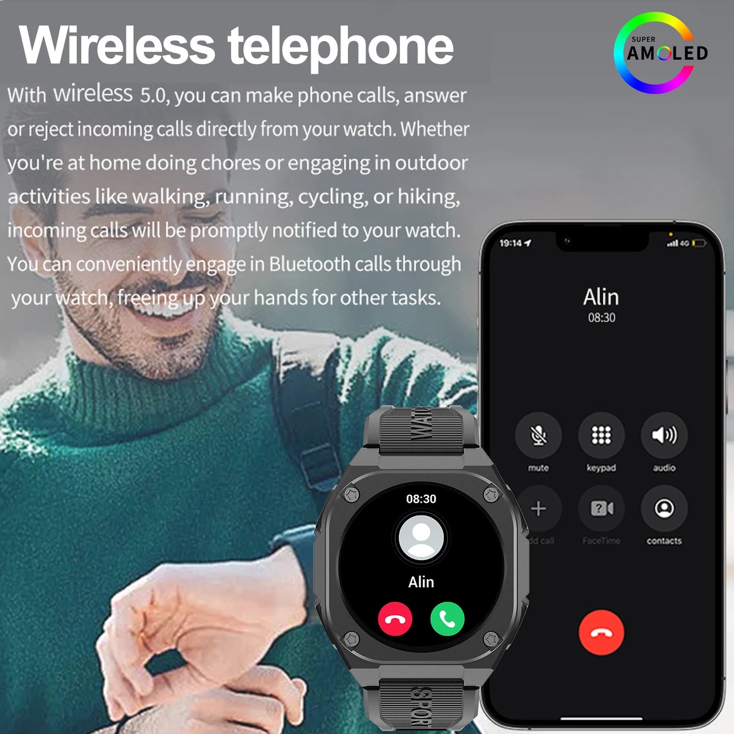 IP68 Waterproof AMOLED SCREEN Smart Sport Watch with 300mAh Battery Wireless Call for Man Woman