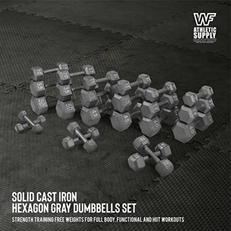 Cast Iron Dumbbell Set, Solid Hexagon Grey Dumbbell Set, Strength Training Free Weights for Women Men, 150 LB Set