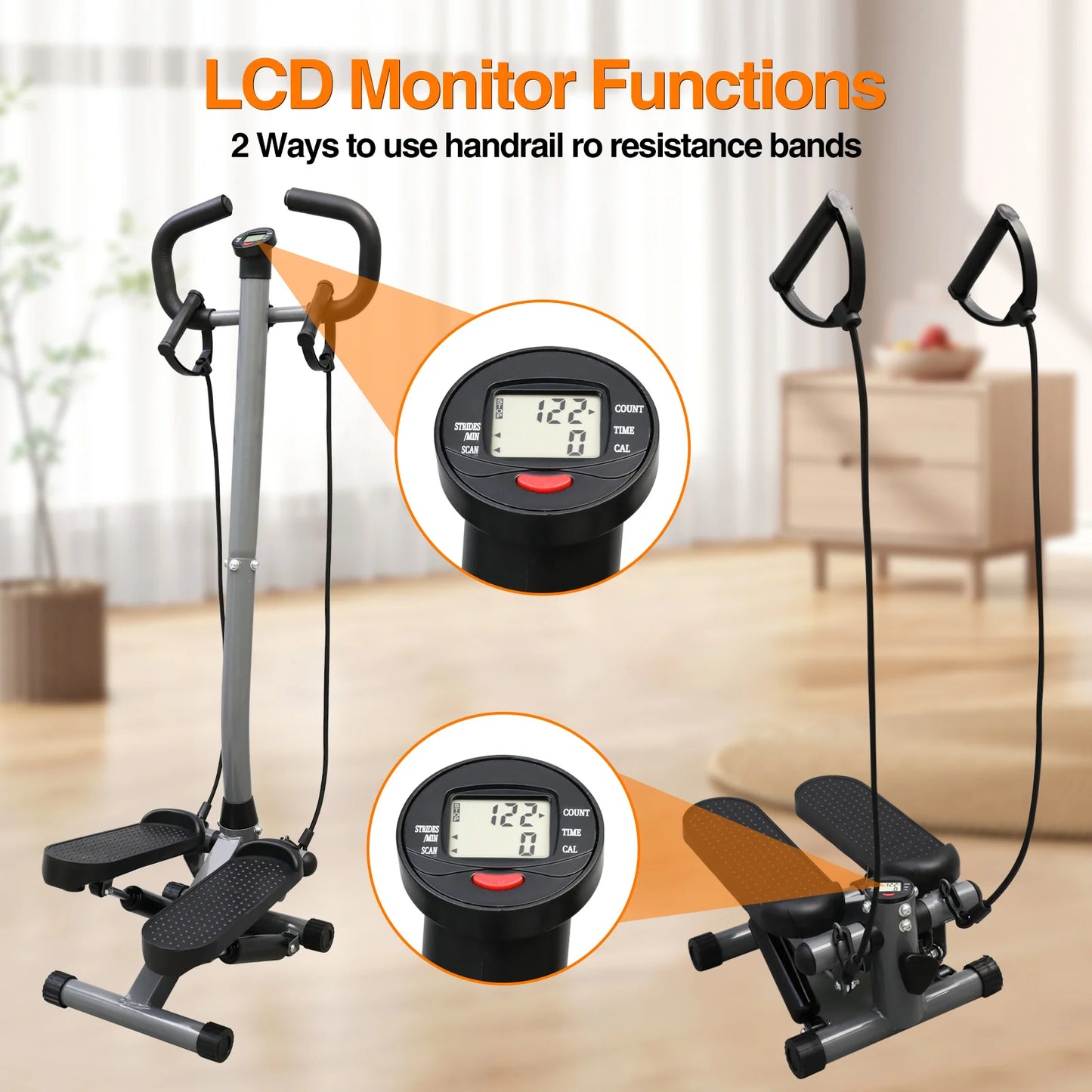Exercise Stepper Machine Fitness Twist Stepper Stair Step with Handlebar LCD Monitor Resistance Bands Cardio Workout Home Gym