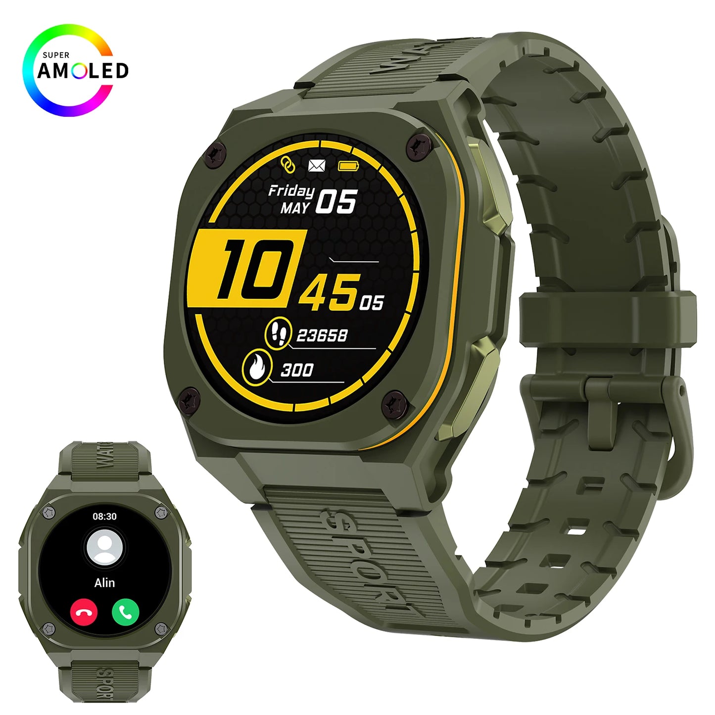 IP68 Waterproof AMOLED SCREEN Smart Sport Watch with 300mAh Battery Wireless Call for Man Woman