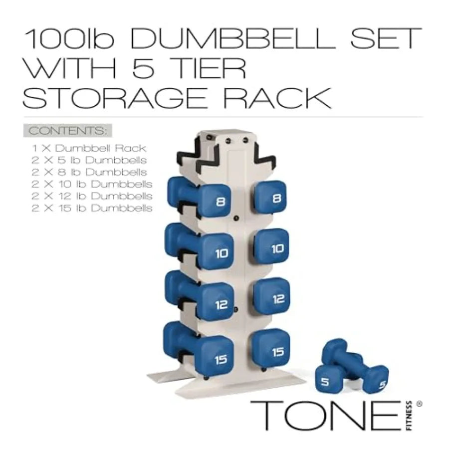 Neoprene Dumbbell Set with Storage Rack Non-Slip Anti-Roll Hand Weights for Home Gym Workouts 20 lb 32 lb 50 lb 60 lb 100 lb Op
