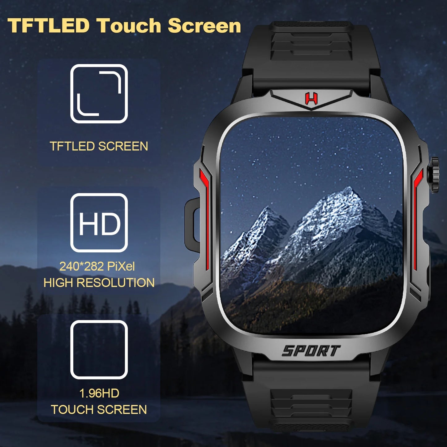 Strong Flashlight Smart Watch for Men/Women, 1.96'' Screen Fitness Tracker with AI Voice Assistant/ Bluetooth Call/ 100+Sports
