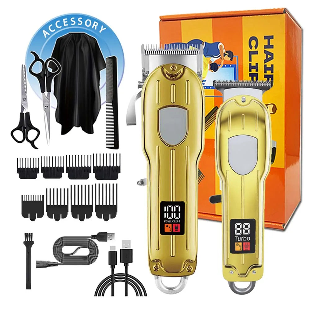 Professional 2-in-1 Gold Hair Clipper & Trimmer Set with LCD Display, USB Rechargeable T-Blade Hair Trimme for Men’s Haircut & Beard Styling