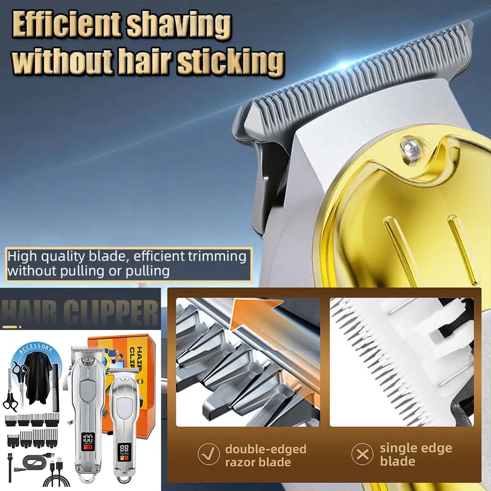 Professional 2-in-1 Gold Hair Clipper & Trimmer Set with LCD Display, USB Rechargeable T-Blade Hair Trimme for Men’s Haircut & Beard Styling