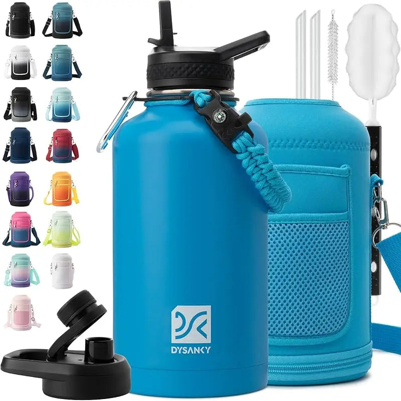 64 oz Insulated Water Bottle Thickened Stainless Steel Vacuum Design, BPA-Free, Large Jug with Straw, Carrier Bag & Handle Strap