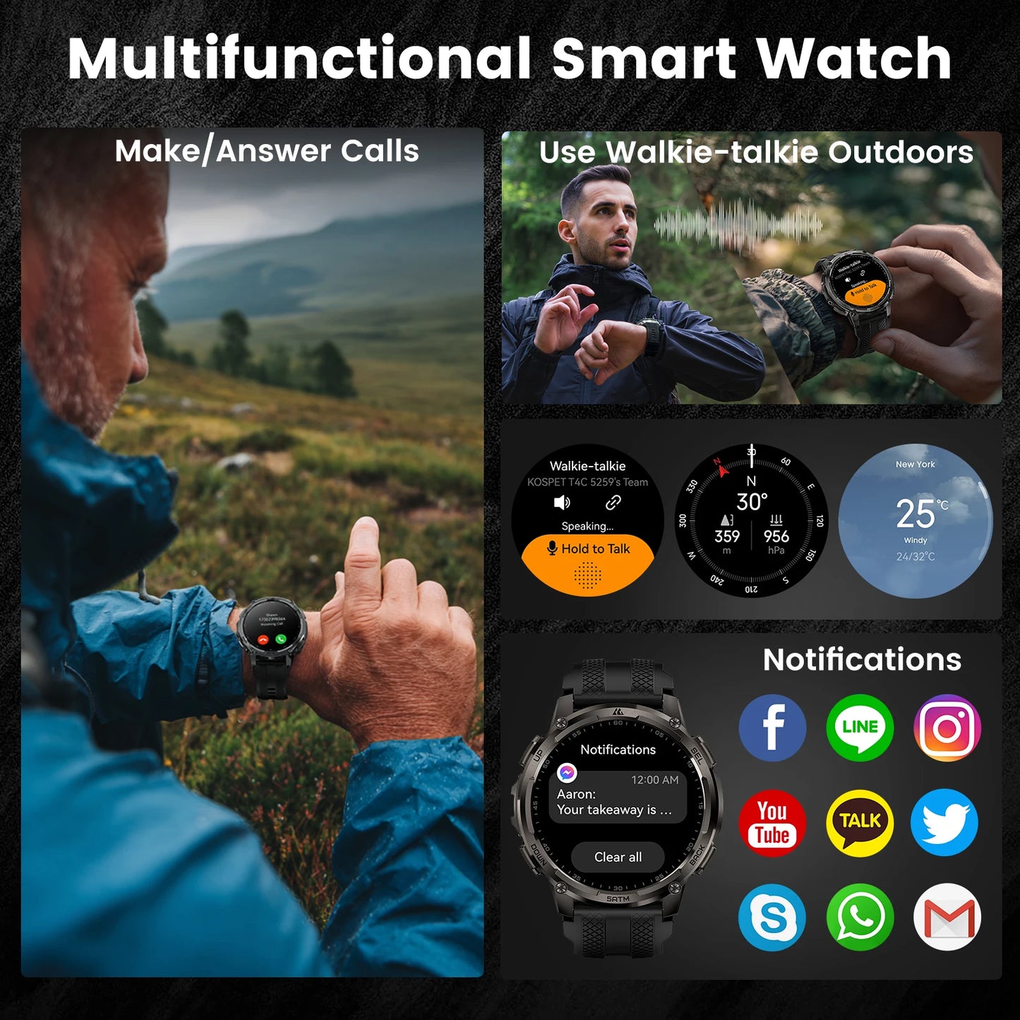 KOSPET TANK T4C Smartwatch Men’s Outdoor Rugged Watch with Flashlight Dual‑Band GPS 50M Waterproof Fitness & Health Tracker