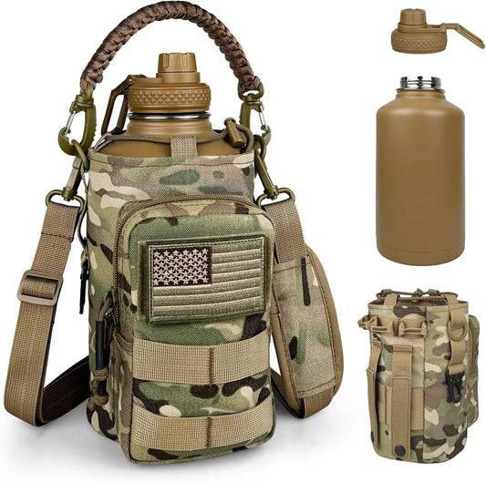 64 oz Insulated Stainless Steel Water Bottle with MOLLE Pouch, Tactical Half Gallon Jug for Hiking Gym Workout