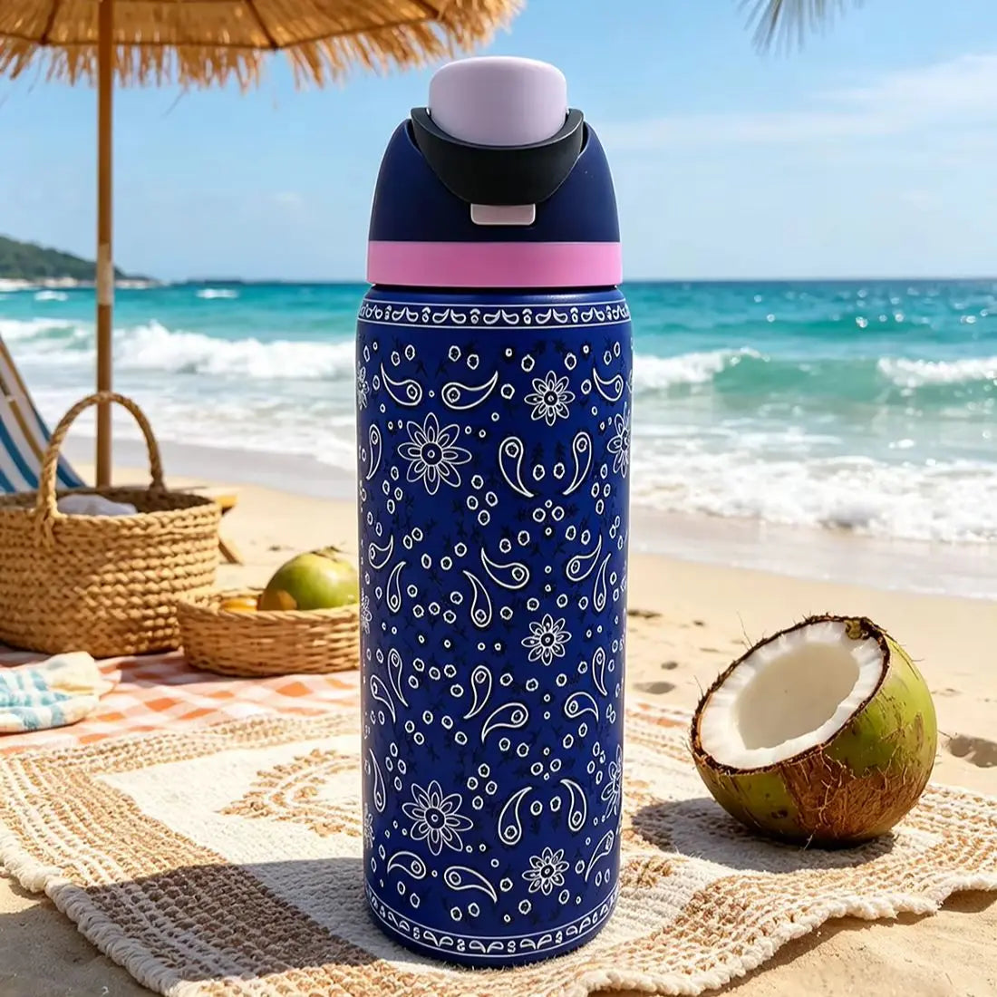 Owalaa cashew nut pattern 32oz/945ml stainless steel insulated water bottle with straw,for daily sports outdoor,perfect gift