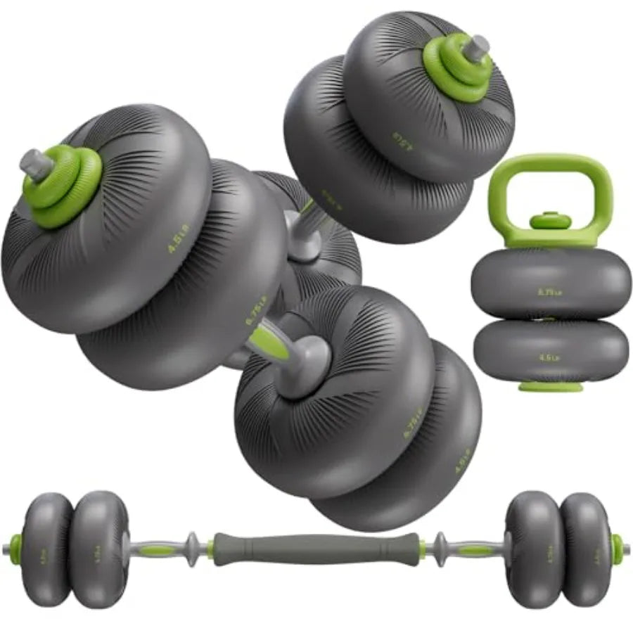 Adjustable Dumbbell Set Soft PVC Coated s/s Free Weight Set Home Gym 4-in-1 Used As Barbell Dumbbells Kettlebell Weight Plates