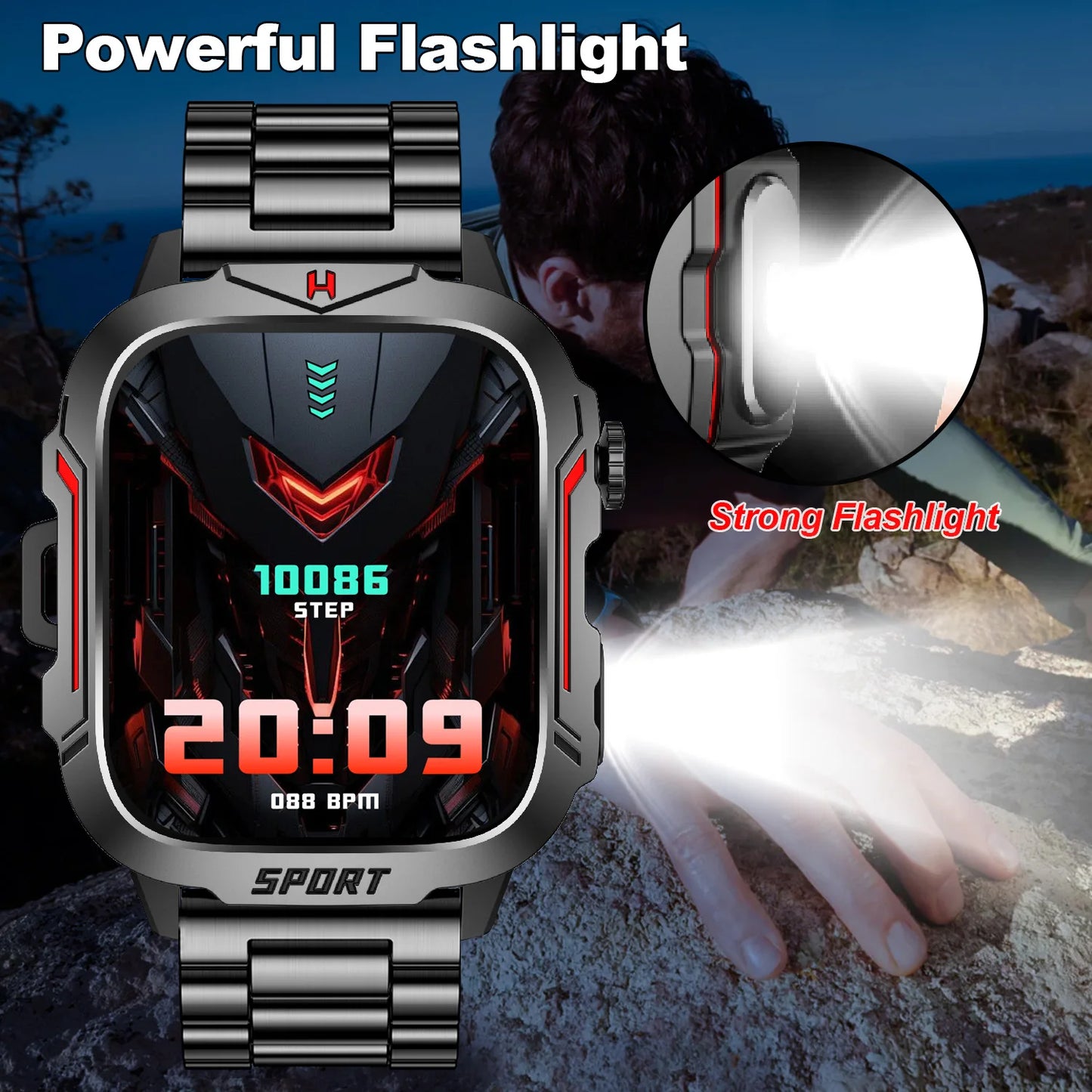 Strong Flashlight Smart Watch for Men/Women, 1.96'' Screen Fitness Tracker with AI Voice Assistant/ Bluetooth Call/ 100+Sports