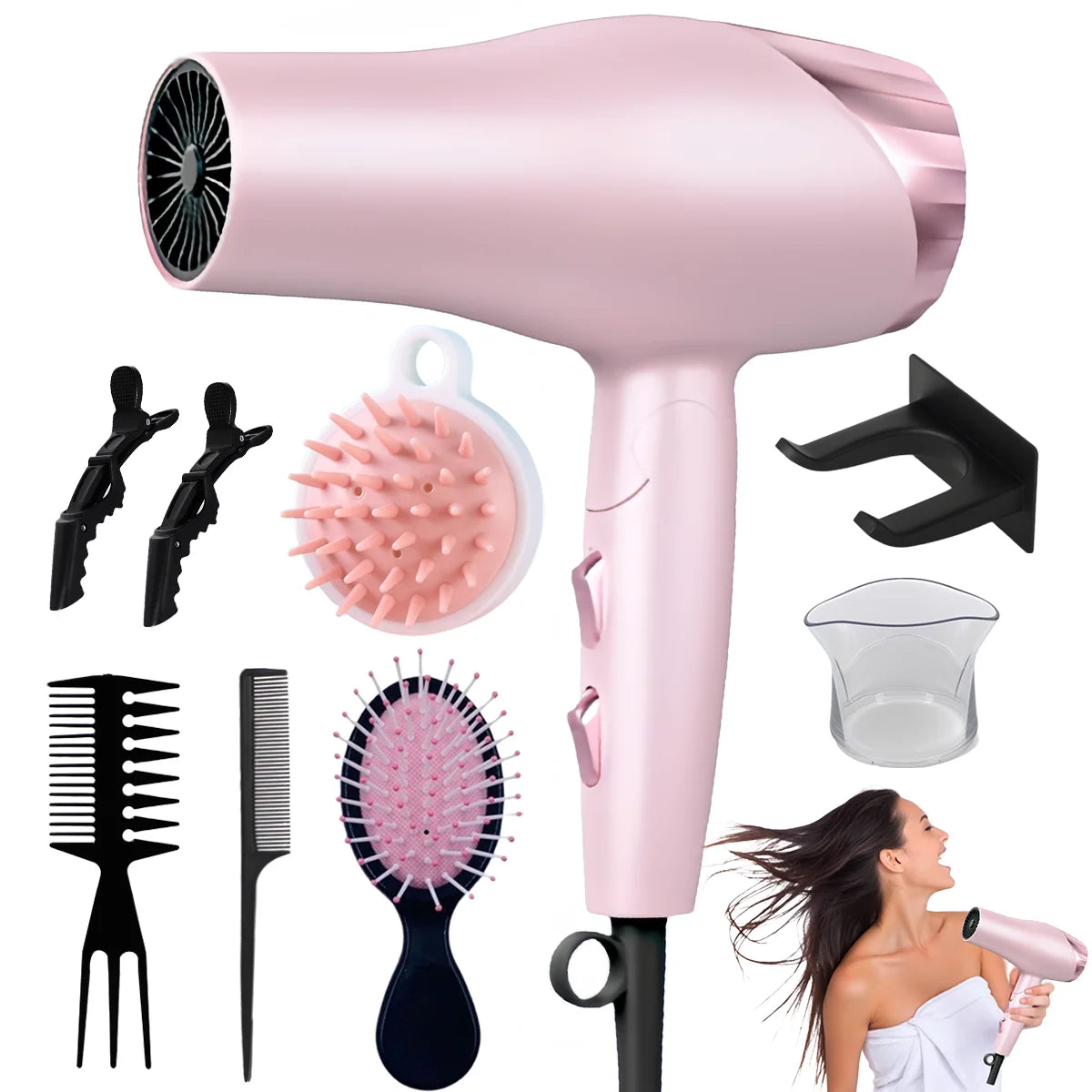 Foldable Fast Drying Hair Dryer with Diffuser for Curly Hair, Nozzle , With Hot/Warm/Cold Wind, 2 Speed Control Gentle And Safe
