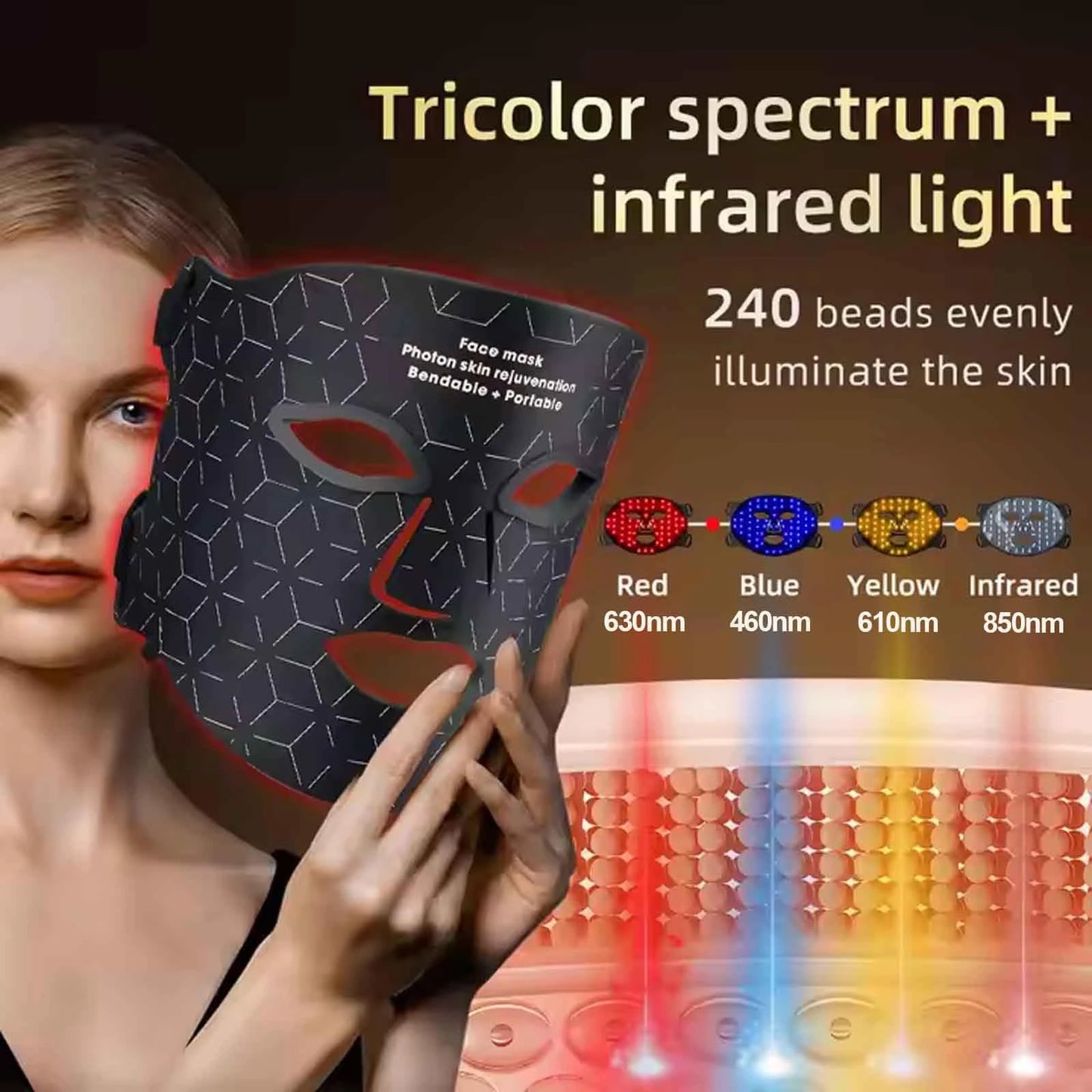 3+1 Colors LED Red Light Face Mask Devices 460nm 630nm 590nm 850 nm Led Light Infrared Beauty Mask at-Home use and Travel