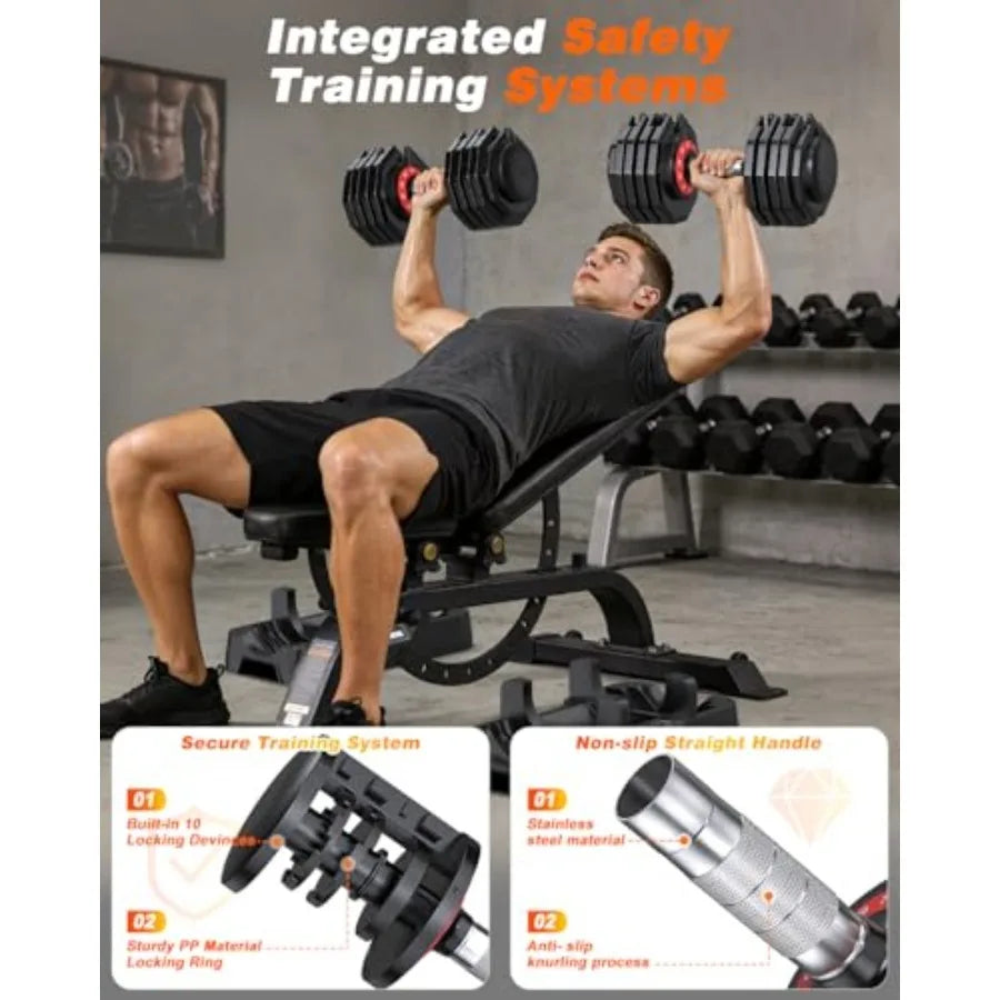 Adjustable Dumbbells Set of 2, 1 Hand Adjustable Weights Dumbbell Set and Workout Bench, 55lb Pair Weight Set For Home Gym
