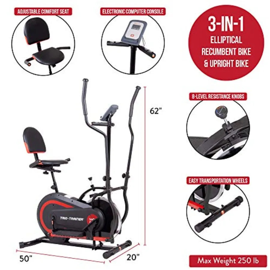 3 in 1 Exercise Machine with Seat Back Cushion Elliptical Upright Cycling and Reclined Bike Modes Digital Comp
