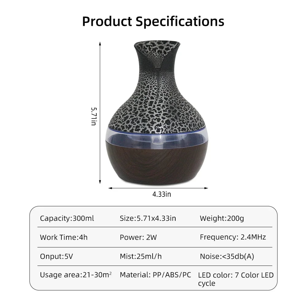 300 ml USB Aromatherapy Diffuser & Humidifier – ultra-quiet cool-mist humidifier with remote control, 7-color LED lights, and 2