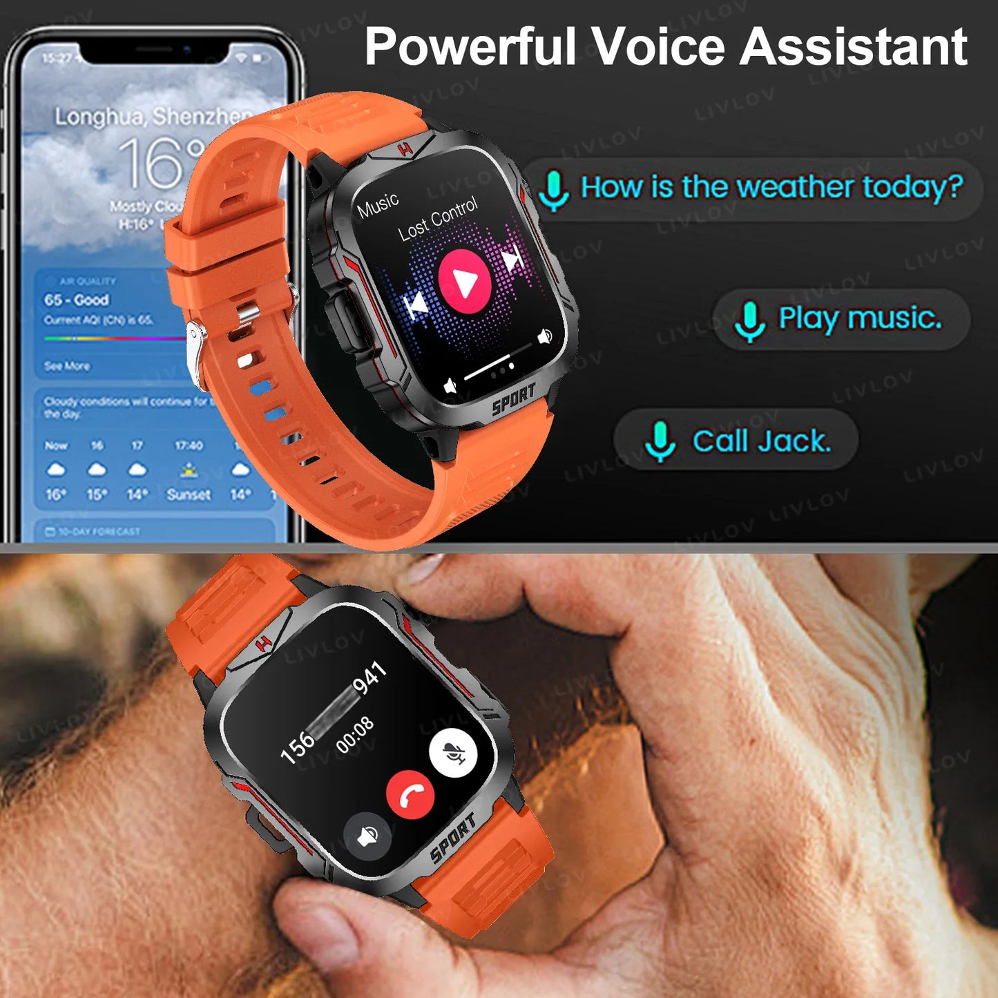 Strong Flashlight Smart Watch for Men/Women, 1.96'' Screen Fitness Tracker with AI Voice Assistant/ Bluetooth Call/ 100+Sports