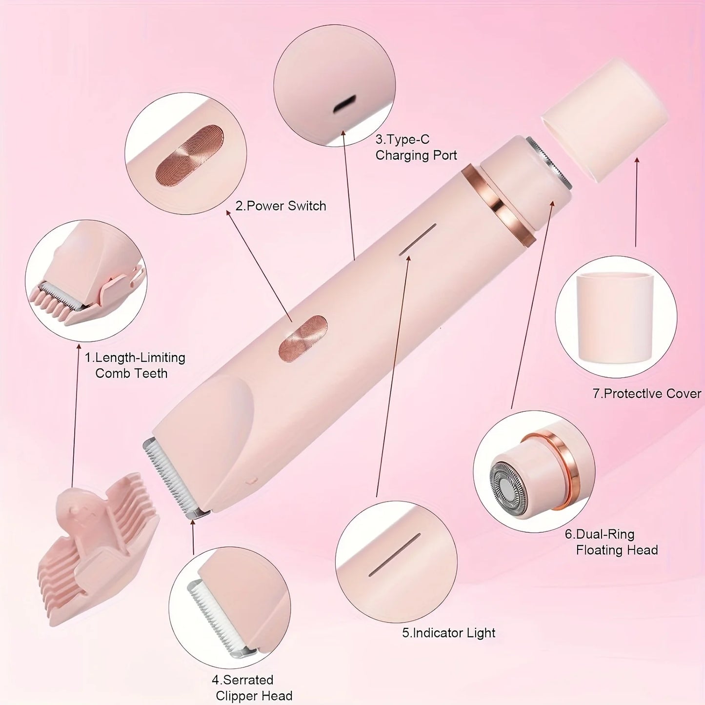2 in 1 Pink Dual Head Bikini Trimmer Women Electric Shaver Waterproof Wet & Dry Use Body Hair Trimmer and Facial Hair