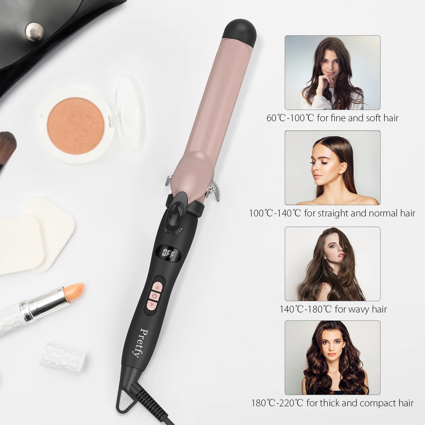 Pretfy 1.25inch Hair Curling Iron Hair Curler Temperature Adjustable LCD Temp Display Hair Styling Tool Anti-scald Auto Shut-Off