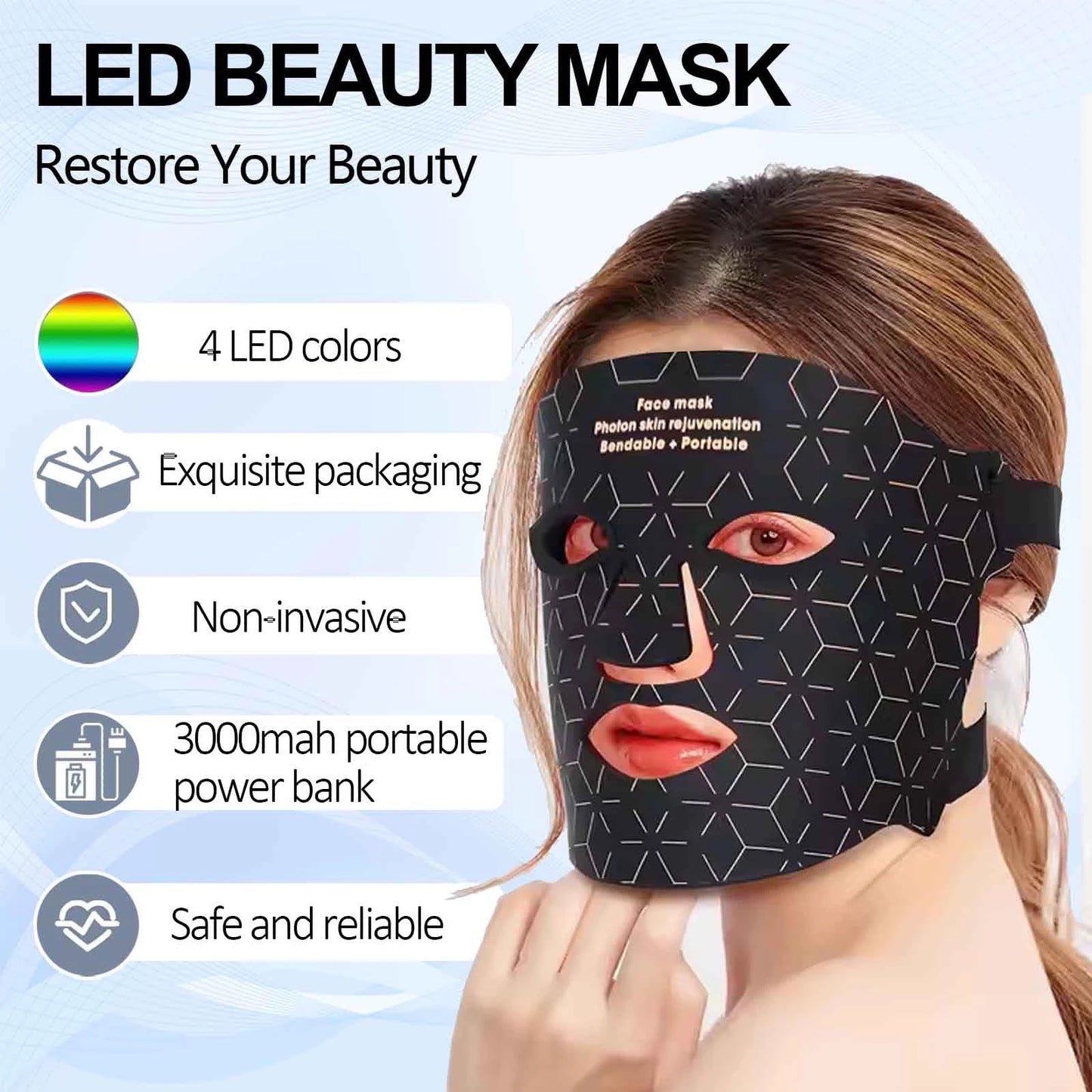 3+1 Colors LED Red Light Face Mask Devices 460nm 630nm 590nm 850 nm Led Light Infrared Beauty Mask at-Home use and Travel