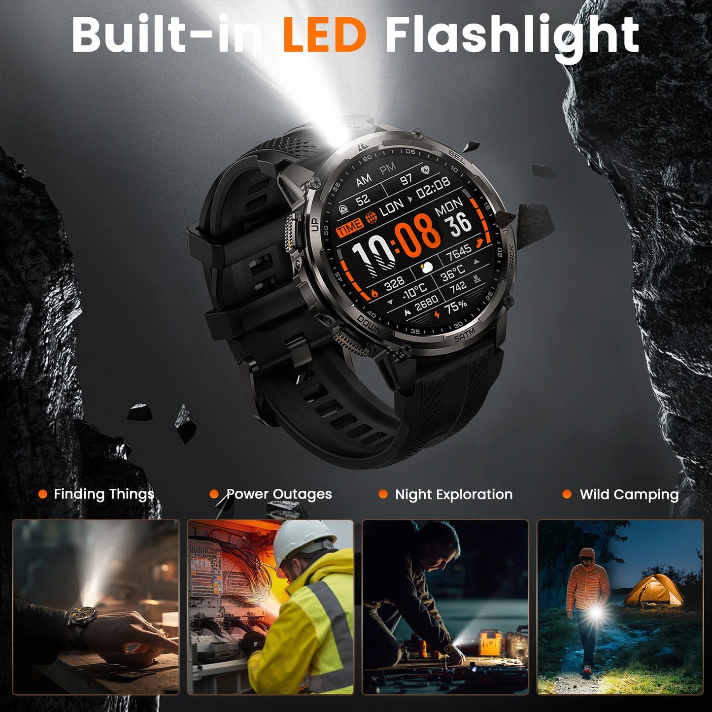 KOSPET TANK T4C Smartwatch Men’s Outdoor Rugged Watch with Flashlight Dual‑Band GPS 50M Waterproof Fitness & Health Tracker